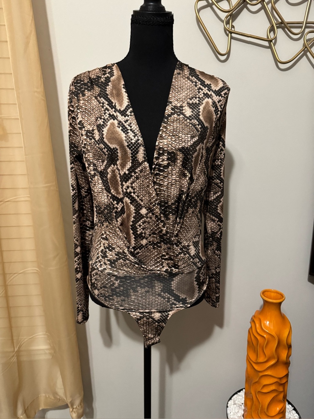 Zara Brown and Black Snake Print Long-Sleeve Bodysuit